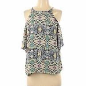 Fin & Grace Top Blue Green Mosaic Print Cold Shoulder Size Small